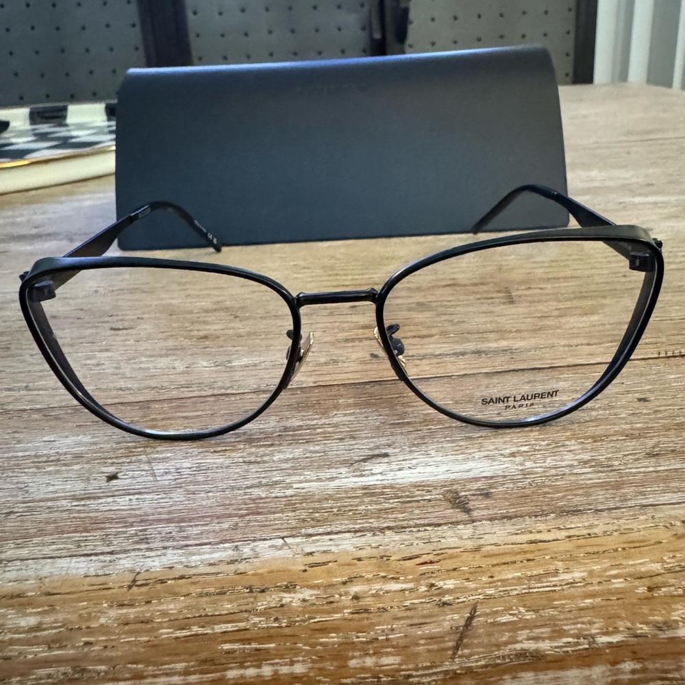 Saint Laurent Black Metal Cat-Eye Eyeglasses with Subtle Angular Frame